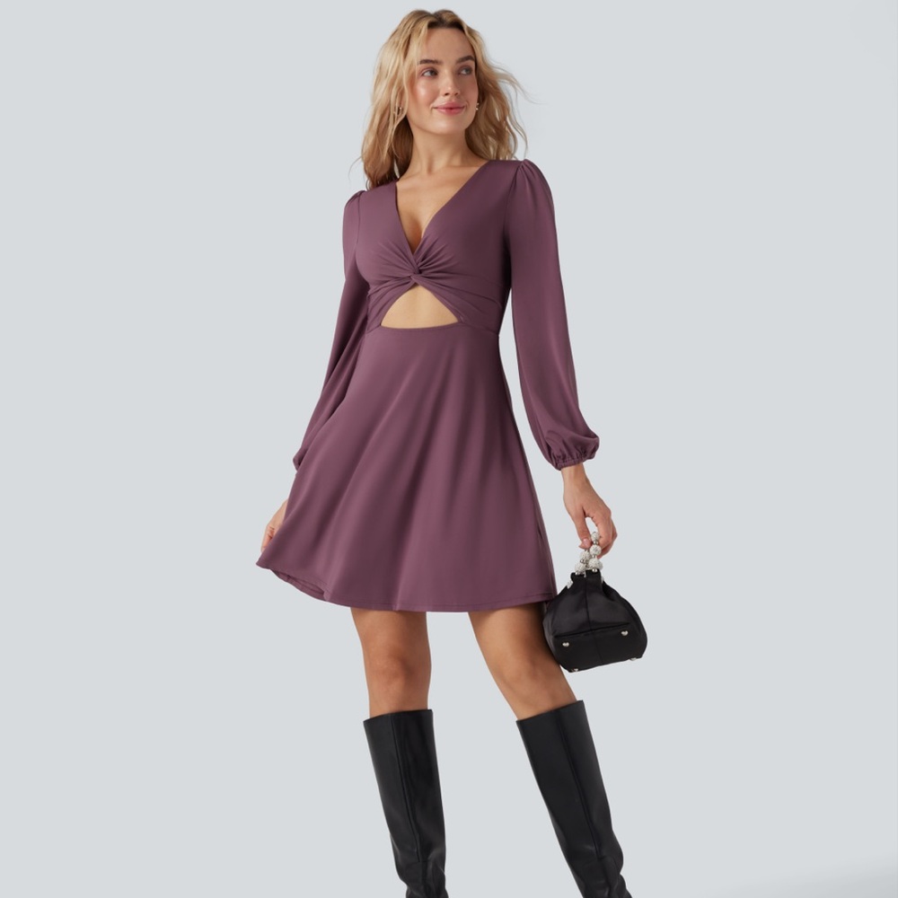 HALARA Plum Cut Out Long Sleeve Zipper Mini Dress